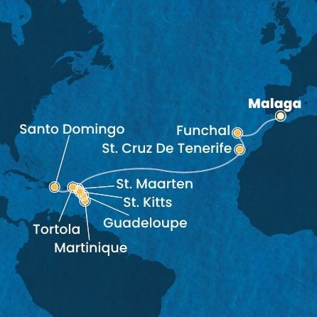 Španielsko, Portugalsko, Svatý Martin, Martinik, Guadeloupe, Svätý Krištof a Nevis, Britské Panenské ostrovy, Dominikánska republika z Málagy na lodi Costa Fascinosa