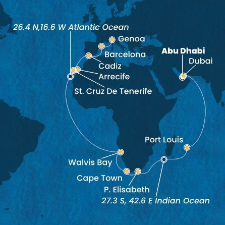 Spojené arabské emiráty, Maurícius, Juhoafrická republika, Namíbia, Španielsko, Taliansko z Abu Dhabi na lodi Costa Toscana