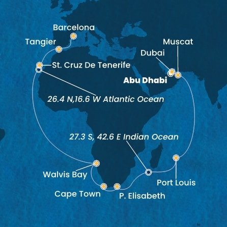 Spojené arabské emiráty, Omán, Maurícius, Juhoafrická republika, Namíbia, Španielsko, Maroko z Abu Dhabi na lodi Costa Smeralda