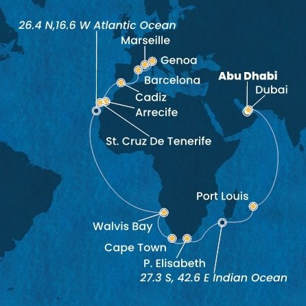 Spojené arabské emiráty, Maurícius, Juhoafrická republika, Namíbia, Španielsko, Taliansko, Francúzsko z Abu Dhabi na lodi Costa Toscana