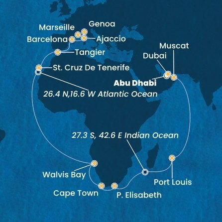 Spojené arabské emiráty, Omán, Maurícius, Juhoafrická republika, Namíbia, Španielsko, Maroko, Francúzsko, Taliansko z Abu Dhabi na lodi Costa Smeralda