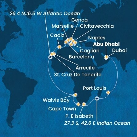 Spojené arabské emiráty, Maurícius, Juhoafrická republika, Namíbia, Španielsko, Taliansko, Francúzsko z Abu Dhabi na lodi Costa Toscana