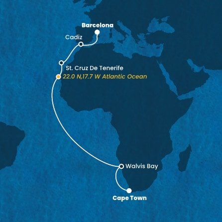 Španielsko, Namíbia, Juhoafrická republika z Barcelony na lodi Costa Smeralda