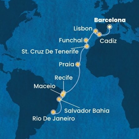 Španielsko, Portugalsko, Kapverdy, Brazília z Barcelony na lodi Costa Favolosa