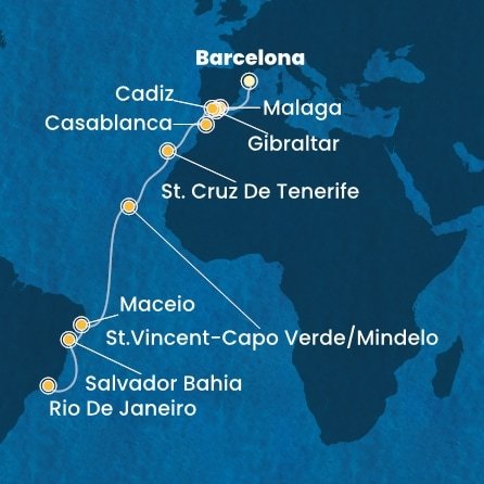 Španielsko, Gibraltár, Maroko, Kapverdy, Brazília z Barcelony na lodi Costa Diadema