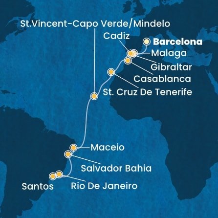 Španielsko, Gibraltár, Maroko, Kapverdy, Brazília z Barcelony na lodi Costa Diadema