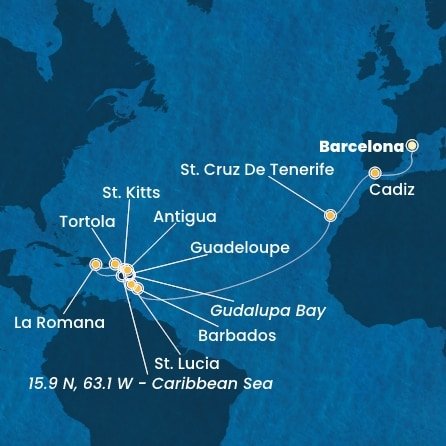 Španielsko, Barbados, Guadeloupe, Svätý Krištof a Nevis, Britské Panenské ostrovy, Dominikánska republika, Svätá Lucia, Zámořské společenství Francie, Antigua a Barbuda z Barcelony na lodi Costa Fascinosa