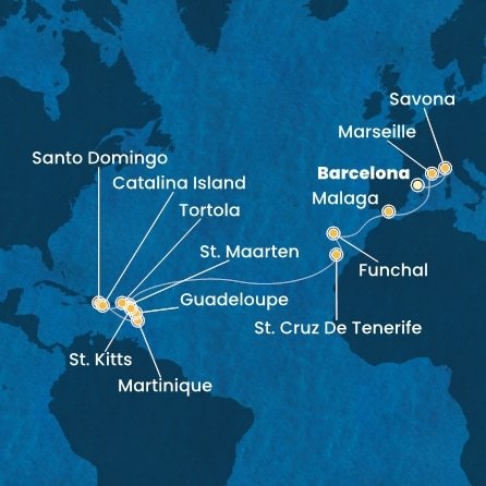 Španielsko, Taliansko, Francúzsko, Portugalsko, Svatý Martin, Martinik, Guadeloupe, Svätý Krištof a Nevis, Britské Panenské ostrovy, Dominikánska republika z Barcelony na lodi Costa Fascinosa