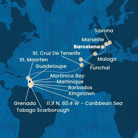 Španielsko, Francúzsko, Taliansko, Portugalsko, Svatý Martin, Martinik, Guadeloupe, Zámořské společenství Francie, Trinidad a Tobago, Grenada, Svätý Vincent a Grenadiny, Barbados z Barcelony na lodi Costa Fortuna