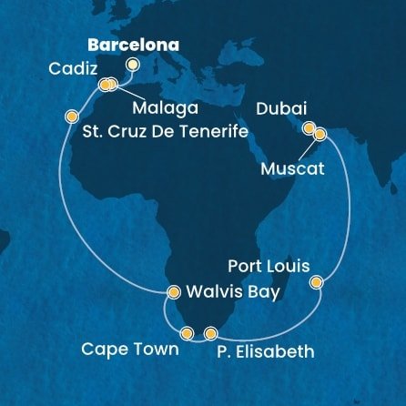 Španielsko, Namíbia, Juhoafrická republika, Maurícius, Omán, Spojené arabské emiráty z Barcelony na lodi Costa Toscana