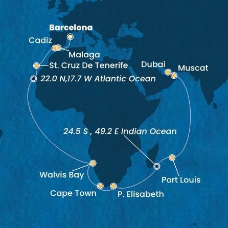 Španielsko, Namíbia, Juhoafrická republika, , Maurícius, Omán, Spojené arabské emiráty z Barcelony na lodi Costa Toscana