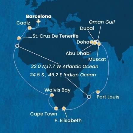 Španielsko, Namíbia, Juhoafrická republika, , Maurícius, Omán, Spojené arabské emiráty, Katar z Barcelony na lodi Costa Smeralda