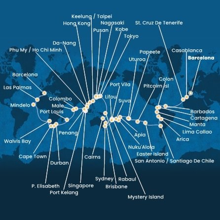 Španielsko, Maroko, Barbados, Kolumbia, Panama, Ekvádor, Peru, Chile, Zámořské území Velké Británie, Francouzská Polynésie, Francúzsko, Samoa, Tonga, Fiji, Vanuatská republika, Nová Kaledonie, Austrália, Papua Nová Guinea, Japonsko, Južná Kórea, Tchaj-wan, Čína, Vietnam, Singapur, Malajzia, Srí Lanka, Maledivy, Maurícius, Juhoafrická republika, Namíbia, Kapverdy z Barcelony na lodi Costa Deliziosa