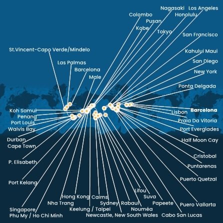 Španielsko, Portugalsko, USA, , Panama, Kostarika, Guatemala, Mexiko, Francouzská Polynésie, Fiji, Nová Kaledonie, Austrália, Papua Nová Guinea, Japonsko, Južná Kórea, Tchaj-wan, Čína, Vietnam, Thajsko, Singapur, Malajzia, Srí Lanka, Maledivy, Maurícius, Juhoafrická republika, Namíbia, Kapverdy z Barcelony na lodi Costa Deliziosa