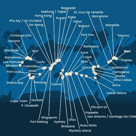 Taliansko, Francúzsko, Španielsko, Maroko, Barbados, Kolumbia, Panama, Ekvádor, Peru, Chile, Zámořské území Velké Británie, Francouzská Polynésie, Samoa, Tonga, Fiji, Vanuatská republika, Nová Kaledonie, Austrália, Papua Nová Guinea, Japonsko, Južná Kórea, Tchaj-wan, Čína, Vietnam, Singapur, Malajzia, Srí Lanka, Maledivy, Maurícius, Juhoafrická republika, Namíbia, Kapverdy, Grécko z Bari na lodi Costa Deliziosa
