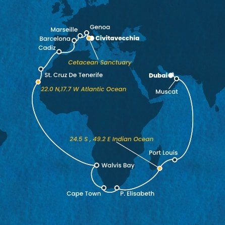 Taliansko, Francúzsko, Španielsko, Namíbia, Juhoafrická republika, , Maurícius, Omán, Spojené arabské emiráty z Civitavechie na lodi Costa Smeralda