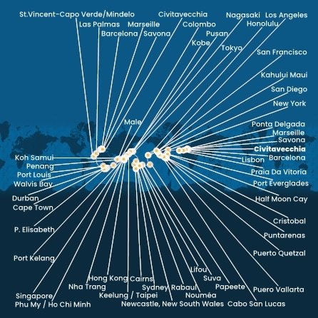 Taliansko, Francúzsko, Španielsko, Portugalsko, USA, , Panama, Kostarika, Guatemala, Mexiko, Francouzská Polynésie, Fiji, Nová Kaledonie, Austrália, Papua Nová Guinea, Japonsko, Južná Kórea, Tchaj-wan, Čína, Vietnam, Thajsko, Singapur, Malajzia, Srí Lanka, Maledivy, Maurícius, Juhoafrická republika, Namíbia, Kapverdy z Civitavechie na lodi Costa Deliziosa