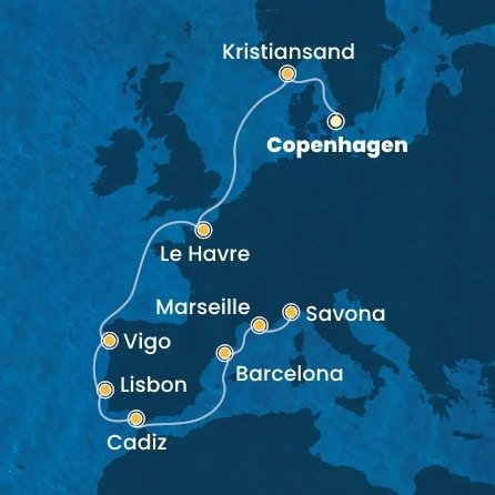 Dánsko, Nórsko, Francúzsko, Španielsko, Portugalsko, Taliansko z Kodaně na lodi Costa Diadema