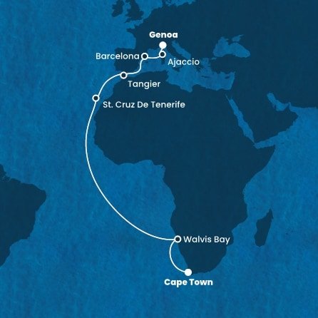 Juhoafrická republika, Namíbia, Španielsko, Maroko, Francúzsko, Taliansko z Kapského Mesta na lodi Costa Smeralda