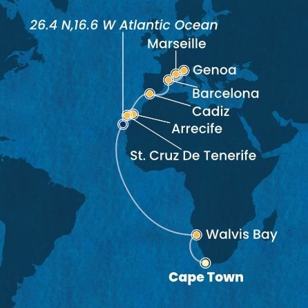 Juhoafrická republika, Namíbia, Španielsko, Taliansko, Francúzsko z Kapského Mesta na lodi Costa Toscana
