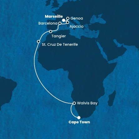 Juhoafrická republika, Namíbia, Španielsko, Maroko, Francúzsko, Taliansko z Kapského Mesta na lodi Costa Smeralda