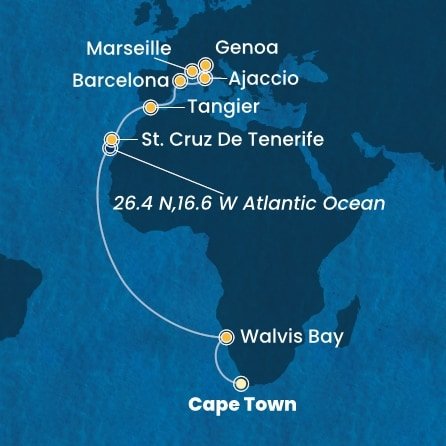 Juhoafrická republika, Namíbia, Španielsko, Maroko, Francúzsko, Taliansko z Kapského Mesta na lodi Costa Smeralda