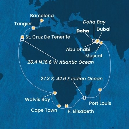 Katar, Spojené arabské emiráty, Omán, Maurícius, Juhoafrická republika, Namíbia, Španielsko, Maroko z Dohy na lodi Costa Smeralda