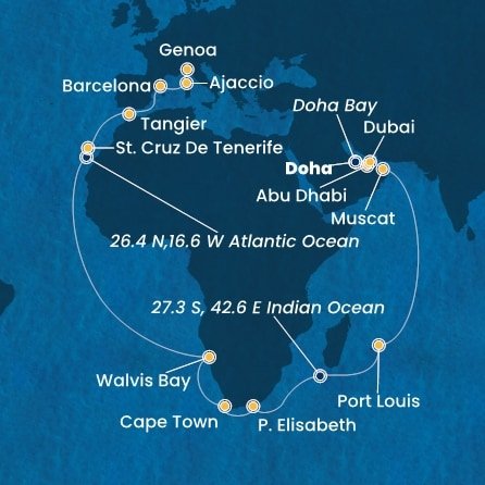 Katar, Spojené arabské emiráty, Omán, Maurícius, Juhoafrická republika, Namíbia, Španielsko, Maroko, Francúzsko, Taliansko z Dohy na lodi Costa Smeralda