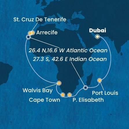 Spojené arabské emiráty, Maurícius, Juhoafrická republika, Namíbia, Španielsko z Dubaja na lodi Costa Toscana
