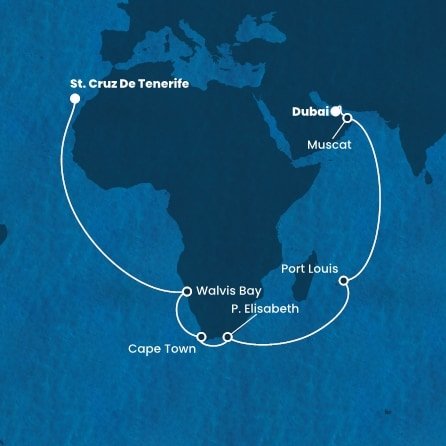 Spojené arabské emiráty, Omán, Maurícius, Juhoafrická republika, Namíbia, Španielsko z Dubaja na lodi Costa Smeralda