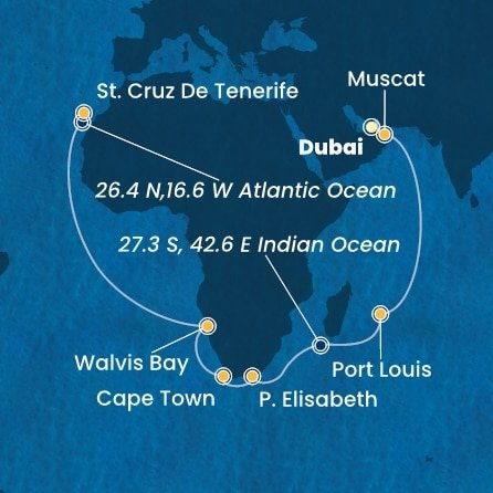 Spojené arabské emiráty, Omán, Maurícius, Juhoafrická republika, Namíbia, Španielsko z Dubaja na lodi Costa Smeralda