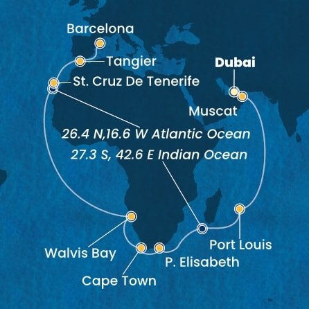 Spojené arabské emiráty, Omán, Maurícius, Juhoafrická republika, Namíbia, Španielsko, Maroko z Dubaja na lodi Costa Smeralda