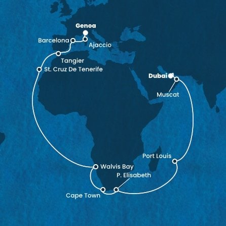 Spojené arabské emiráty, Omán, Maurícius, Juhoafrická republika, Namíbia, Španielsko, Maroko, Francúzsko, Taliansko z Dubaja na lodi Costa Smeralda