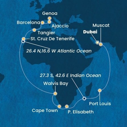 Spojené arabské emiráty, Omán, Maurícius, Juhoafrická republika, Namíbia, Španielsko, Maroko, Francúzsko, Taliansko z Dubaja na lodi Costa Smeralda