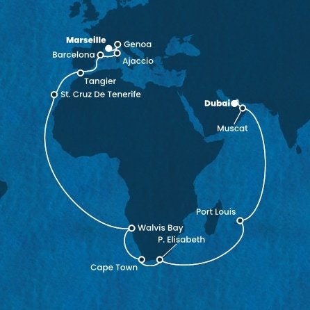 Spojené arabské emiráty, Omán, Maurícius, Juhoafrická republika, Namíbia, Španielsko, Maroko, Francúzsko, Taliansko z Dubaja na lodi Costa Smeralda