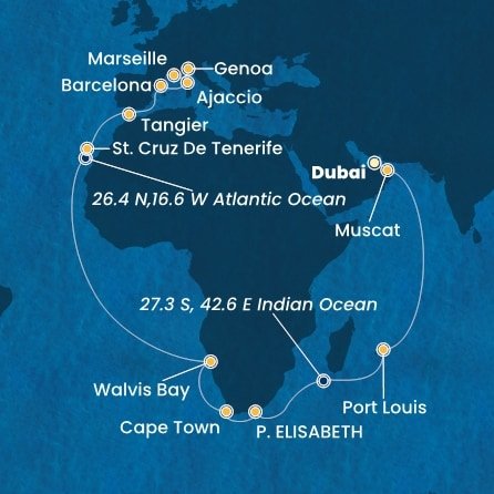 Spojené arabské emiráty, Omán, Maurícius, Juhoafrická republika, Namíbia, Španielsko, Maroko, Francúzsko, Taliansko z Dubaja na lodi Costa Smeralda