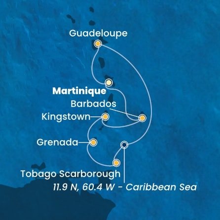 Martinik, Guadeloupe, Zámořské společenství Francie, Trinidad a Tobago, Grenada, Svätý Vincent a Grenadiny, Barbados z Fort de France, Martinik na lodi Costa Fortuna