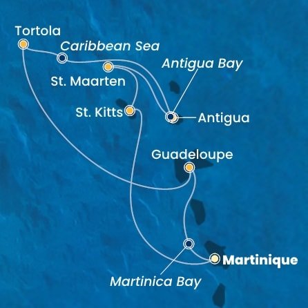 Martinik, Zámořské společenství Francie, Guadeloupe, Britské Panenské ostrovy, , Antigua a Barbuda, Svatý Martin, Svätý Krištof a Nevis z Fort de France, Martinik na lodi Costa Fortuna