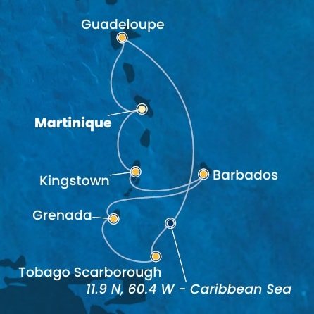 Martinik, Guadeloupe, Zámořské společenství Francie, Trinidad a Tobago, Grenada, Barbados, Svätý Vincent a Grenadiny z Fort de France, Martinik na lodi Costa Fortuna