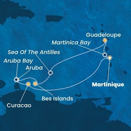 Martinik, Zámořské společenství Francie, Guadeloupe, Bonaire, Aruba, Holandsko, Curacao z Fort de France, Martinik na lodi Costa Fortuna