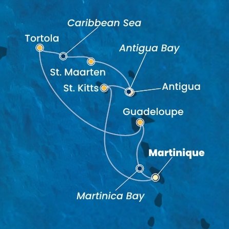 Martinik, Zámořské společenství Francie, Guadeloupe, Britské Panenské ostrovy, , Svatý Martin, Antigua a Barbuda, Svätý Krištof a Nevis z Fort de France, Martinik na lodi Costa Fortuna