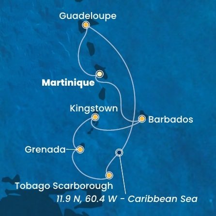 Martinik, Guadeloupe, Zámořské společenství Francie, Trinidad a Tobago, Grenada, Svätý Vincent a Grenadiny, Barbados z Fort de France, Martinik na lodi Costa Fortuna