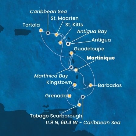 Martinik, Guadeloupe, Zámořské společenství Francie, Trinidad a Tobago, Grenada, Svätý Vincent a Grenadiny, Barbados, Britské Panenské ostrovy, , Antigua a Barbuda, Svatý Martin, Svätý Krištof a Nevis z Fort de France, Martinik na lodi Costa Fortuna