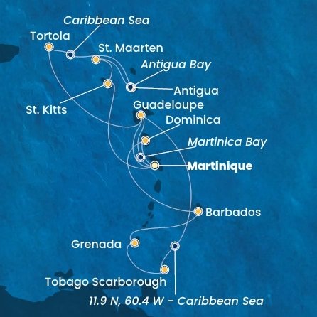 Martinik, Zámořské společenství Francie, Guadeloupe, Britské Panenské ostrovy, , Antigua a Barbuda, Svatý Martin, Svätý Krištof a Nevis, Trinidad a Tobago, Grenada, Barbados, Dominika z Fort de France, Martinik na lodi Costa Fortuna