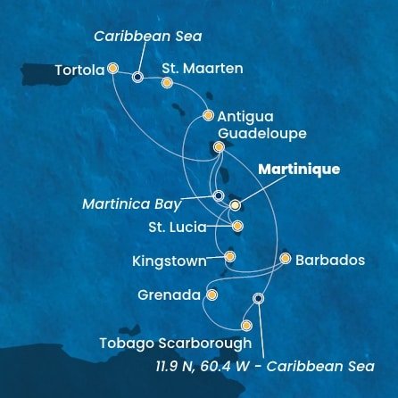 Martinik, Zámořské společenství Francie, Guadeloupe, Britské Panenské ostrovy, , Svatý Martin, Antigua a Barbuda, Svätá Lucia, Trinidad a Tobago, Grenada, Barbados, Svätý Vincent a Grenadiny z Fort de France, Martinik na lodi Costa Fortuna