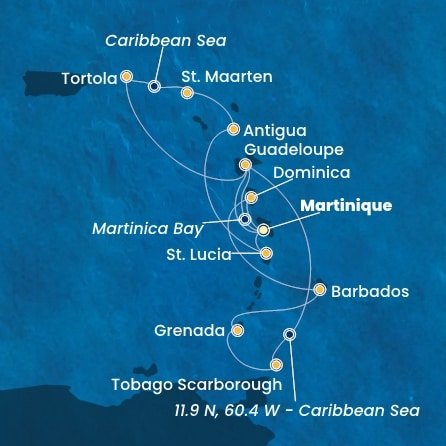 Martinik, Guadeloupe, Zámořské společenství Francie, Trinidad a Tobago, Grenada, Barbados, Dominika, Britské Panenské ostrovy, , Svatý Martin, Antigua a Barbuda, Svätá Lucia z Fort de France, Martinik na lodi Costa Fortuna