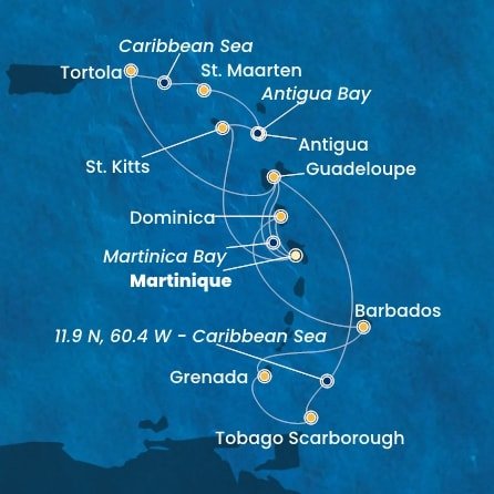 Martinik, Zámořské společenství Francie, Guadeloupe, Britské Panenské ostrovy, , Svatý Martin, Antigua a Barbuda, Svätý Krištof a Nevis, Trinidad a Tobago, Grenada, Barbados, Dominika z Fort de France, Martinik na lodi Costa Fortuna