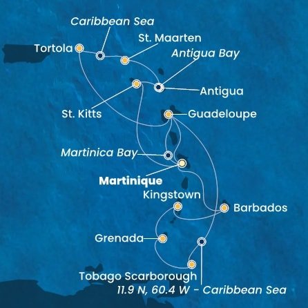 Martinik, Guadeloupe, Zámořské společenství Francie, Trinidad a Tobago, Grenada, Svätý Vincent a Grenadiny, Barbados, Britské Panenské ostrovy, , Svatý Martin, Antigua a Barbuda, Svätý Krištof a Nevis z Fort de France, Martinik na lodi Costa Fortuna