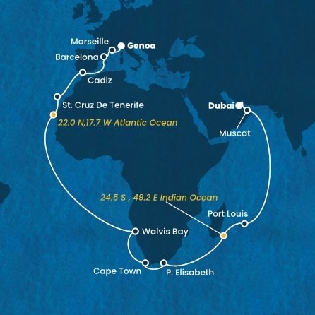 Taliansko, Francúzsko, Španielsko, Namíbia, Juhoafrická republika, , Maurícius, Omán, Spojené arabské emiráty z Janova na lodi Costa Smeralda