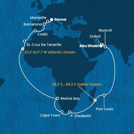 Taliansko, Francúzsko, Španielsko, Namíbia, Juhoafrická republika, , Maurícius, Omán, Spojené arabské emiráty z Janova na lodi Costa Smeralda